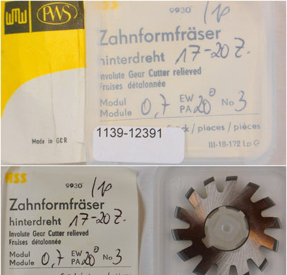 Zahnformfräser m= 0,7 EGW 20° BP I n. DIN 3972 Fräser-Nr. 3 für 17 - 20 Zähne