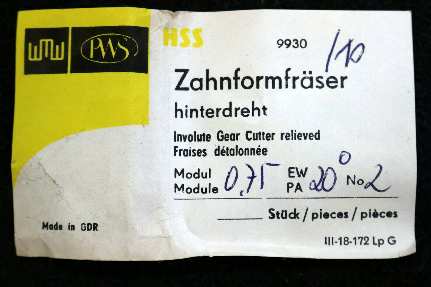 PWS Zahnformfräser m= 0,75mm EGW 20° BP I - DIN 3972 Fräser - Nr. 2 für 14 - 16 Z