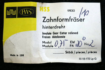 PWS Zahnformfräser m= 0,75mm EGW 20° BP I - DIN 3972 Fräser - Nr. 2 für 14 - 16 Z