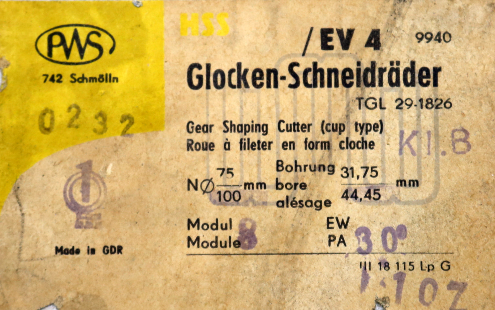 Bild des Artikels PWS-Glockenschneidrad-für-Zahnwellen-DIN5480-m=8mm-EGW-30°-Z=10-Ø92x46xØ1-1/4"