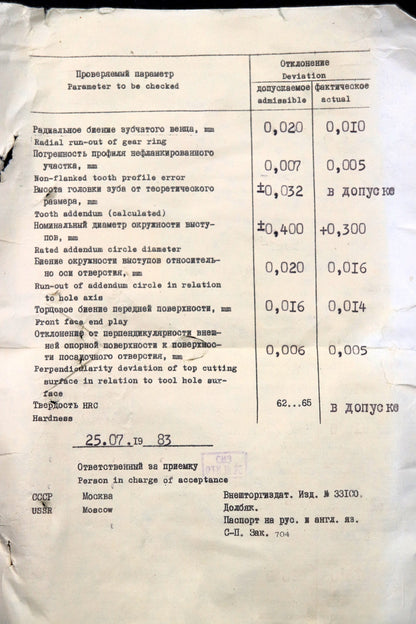 Bild des Artikels SIZ/СИЗ-Scheibenschneidrad-gear-shaper-m=-5mm-EGW-20°-Z=-20-Ø114x33xØ1-1/4"