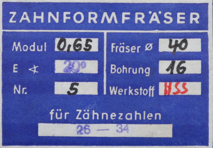 Bild des Artikels DOLD-Zahnformfräser-m=-0,65mm-No.-5-für-Z=-26-34-EGW-20°-gear-profile-cutter