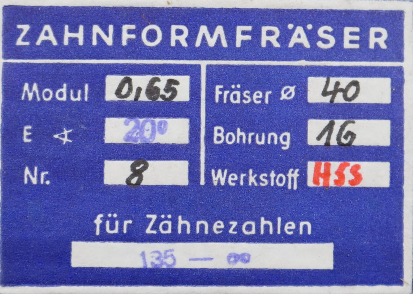 Bild des Artikels DOLD-Zahnformfräser-m=-0,65mm-No.-8-für-Z=-135-00-EGW-20°-gear-profile-cutter