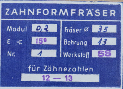 Bild des Artikels DOLD-Zahnformfräser-m=-0,2mm-No.-1-für-Z=-12-13-EGW-15°-HSS-gear-profile-cutter