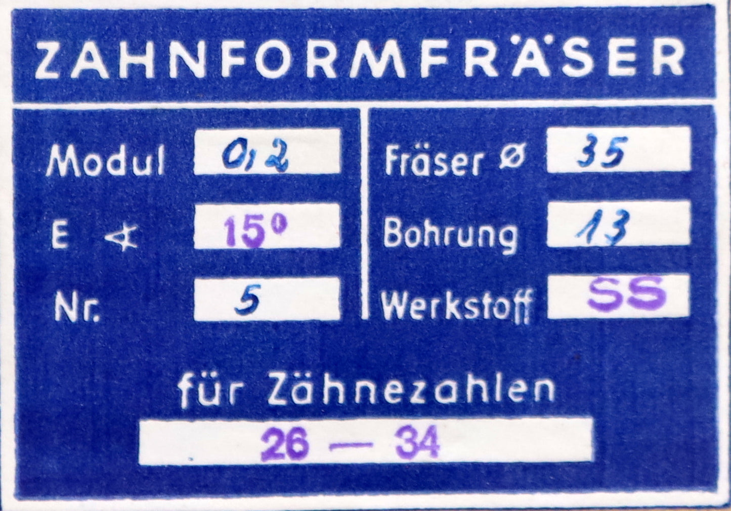 Bild des Artikels DOLD-Zahnformfräser-m=-0,2mm-No.-5-für-Z=-26-34-EGW-15°-gear-profile-cutter