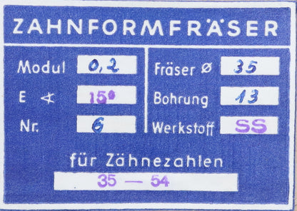 Bild des Artikels DOLD-Zahnformfräser-m=-0,2mm-No.-6-für-Z=-35-54-EGW-15°-gear-profile-cutter