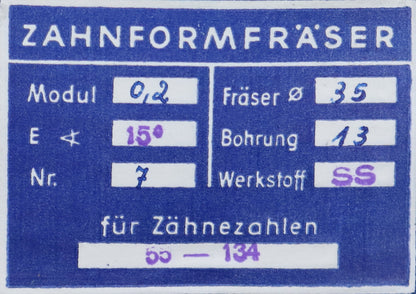 Bild des Artikels DOLD-Zahnformfräser-m=-0,2mm-No.-7-für-Z=-55-134-EGW-15°-gear-profile-cutter