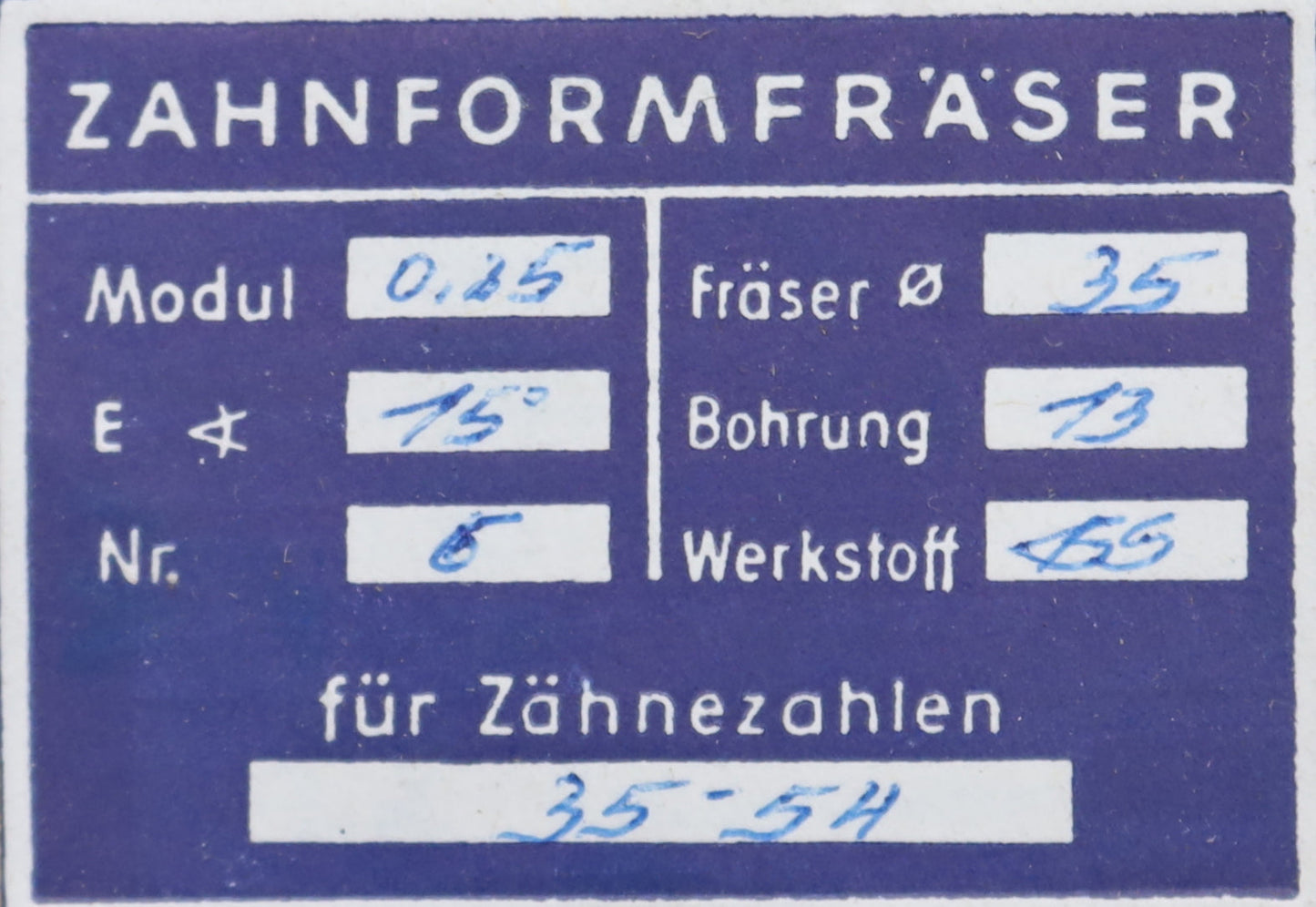 Bild des Artikels DOLD-Zahnformfräser-m=-0,25mm-No.-6-für-Z=-35-54-EGW-15°-gear-profile-cutter