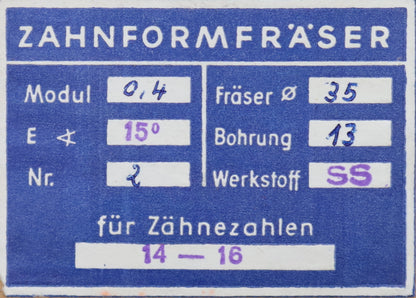 Bild des Artikels DOLD-Zahnformfräser-m=-0,4mm-No.-2-für-Z=-14-16-EGW-15°-gear-profile-cutter
