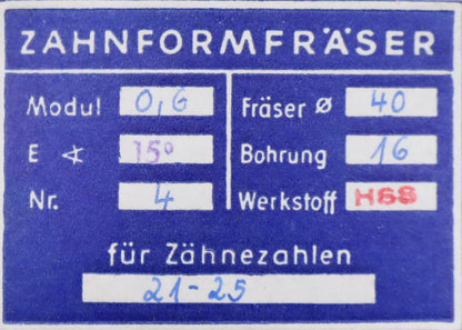 Bild des Artikels DOLD-Zahnformfräser-m=-0,6mm-No.-4-für-Z=-21-25-EGW-15°-gear-profile-cutter