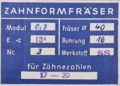 Bild des Artikels DOLD-Zahnformfräser-m=-0,7mm-No.-3-für-Z=-17-20-EGW-15°-gear-profile-cutter