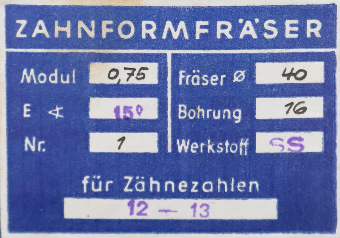 Bild des Artikels DOLD-Zahnformfräser-m=-0,75mm-No.-1-für-Z=-12-13-EGW-15°-LKN-gear-profile-cutter
