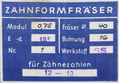 Bild des Artikels DOLD-Zahnformfräser-m=-0,75mm-No.-1-für-Z=-12-13-EGW-15°-LKN-gear-profile-cutter