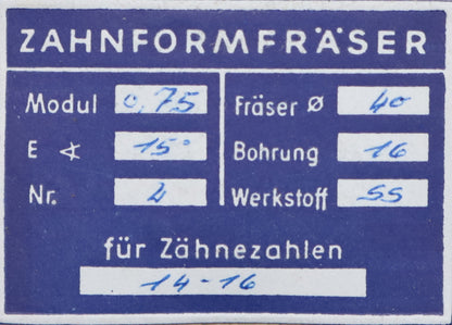 Bild des Artikels DOLD-Zahnformfräser-m=-0,75mm-No.-2-für-Z=-14-16-EGW-15°-LKN-gear-profile-cutter