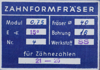 Bild des Artikels DOLD-Zahnformfräser-m=-0,75mm-No.-4-für-Z=-21-25-EGW-15°-gear-profile-cutter