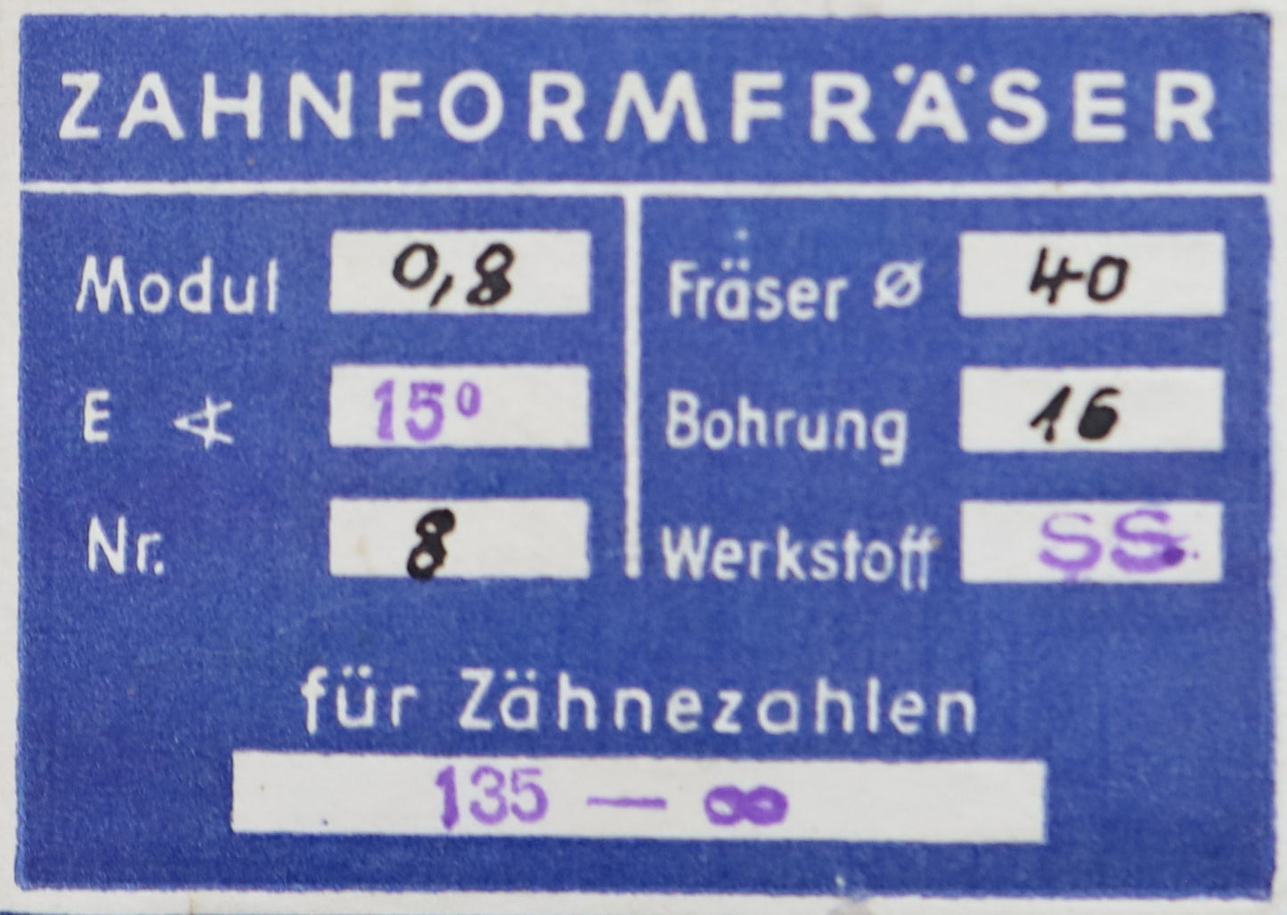 Bild des Artikels DOLD-Zahnformfräser-m=-0,8mm-No.-8-für-Z=-135-00-EGW-15°-gear-profile-cutter