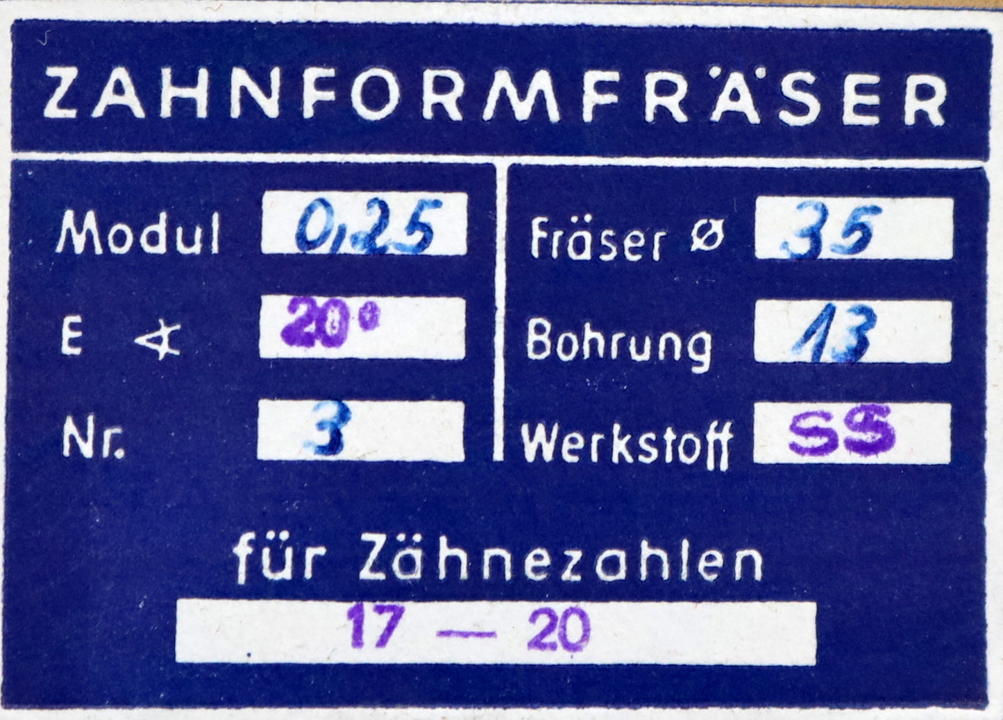 Bild des Artikels DOLD-Zahnformfräser-m=-0,25mm-No.-3-für-Z=-17-20-EGW-20°-gear-profile-cutter