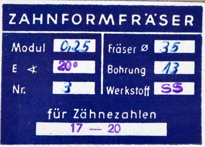 Bild des Artikels DOLD-Zahnformfräser-m=-0,25mm-No.-3-für-Z=-17-20-EGW-20°-gear-profile-cutter