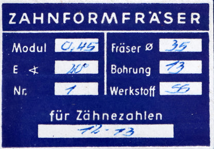 Bild des Artikels DOLD-Zahnformfräser-m=-0,45mm-No.-1-für-Z=-12-13-EGW-20°-LKN-gear-profile-cutter
