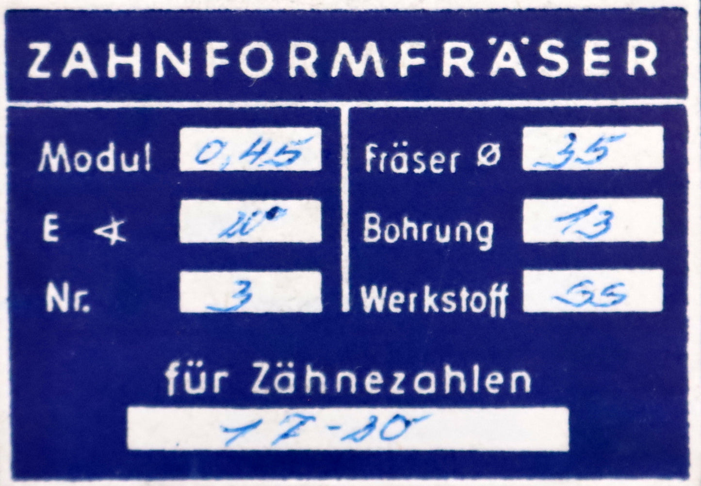 Bild des Artikels DOLD-Zahnformfräser-m=-0,45mm-No.-3-für-Z=-17-20-EGW-20°-LKN-gear-profile-cutter