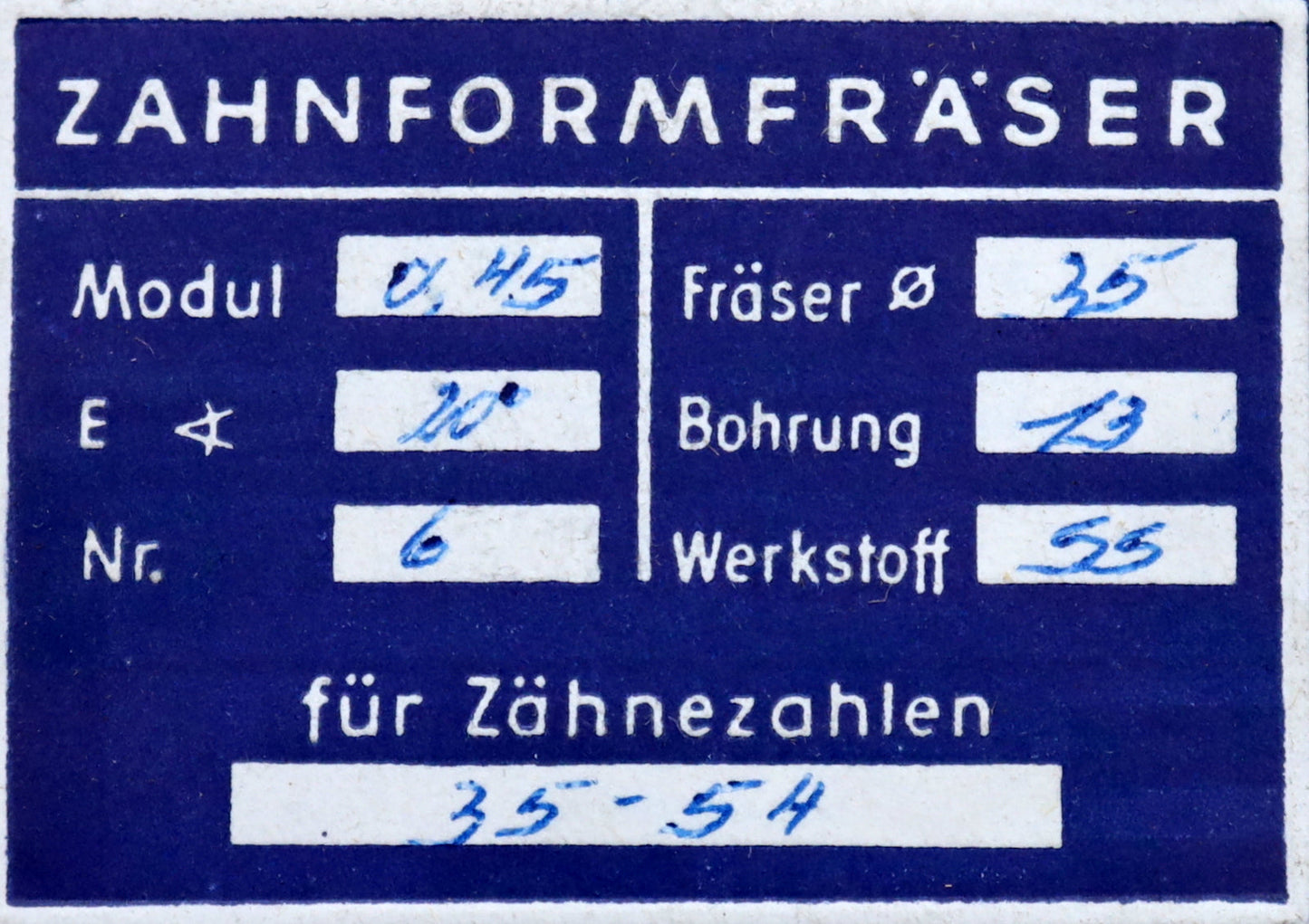 Bild des Artikels DOLD-Zahnformfräser-m=-0,45mm-No.-6-für-Z=-35-54-EGW-20°-LKN-gear-profile-cutter
