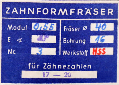 Bild des Artikels DOLD-Zahnformfräser-m=-0,55mm-No.-3-für-Z=-17-20-EGW-15°-gear-profile-cutter