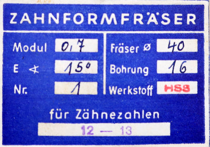 Bild des Artikels DOLD-Zahnformfräser-m=-0,7mm-No.-1-für-Z=-12-13-EGW-15°-gear-profile-cutter