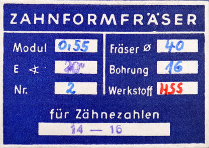 Bild des Artikels DOLD-Zahnformfräser-m=-0,55mm-No.-2-für-Z=-14-16-EGW-20°-gear-profile-cutter
