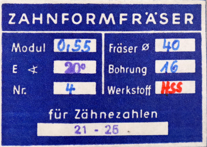 Bild des Artikels DOLD-Zahnformfräser-m=-0,55mm-No.-4-für-Z=-21-25-EGW-20°-gear-profile-cutter