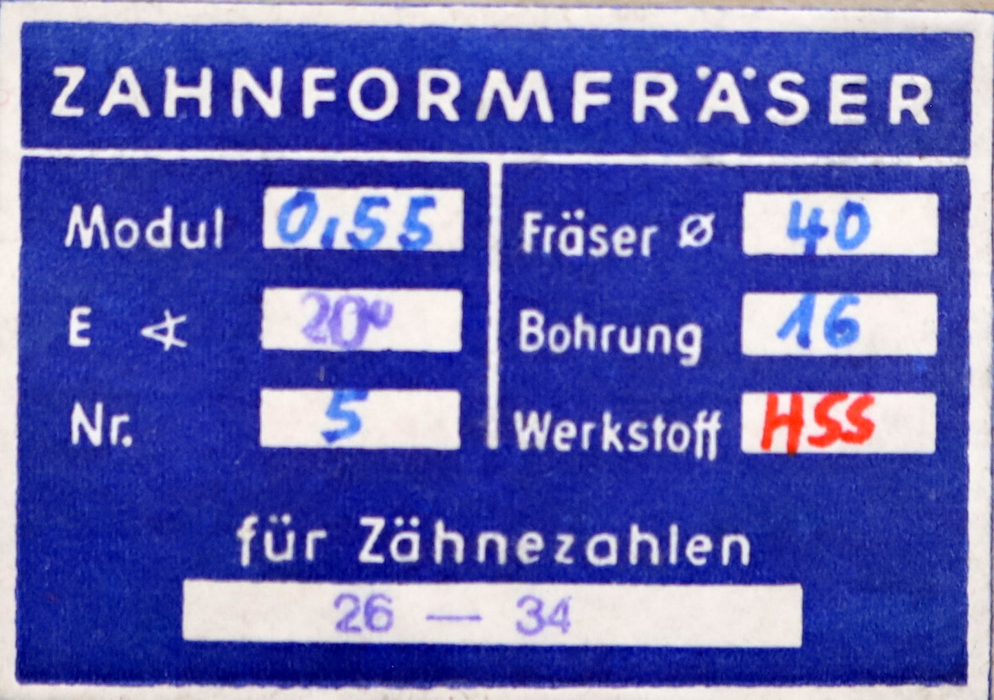 Bild des Artikels DOLD-Zahnformfräser-m=-0,55mm-No.-5-für-Z=-26-34-EGW-20°-gear-profile-cutter