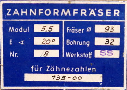 Bild des Artikels DOLD-Zahnformfräser-m=-5,5mm-No.-8-für-Z=-135-00-EGW-20°-Ø95x32mm-LKN